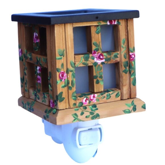 Wood Plug In Scented Wax Warmer with Painted Roses Shabby Cottage Chic Decor - Picture 1 of 6